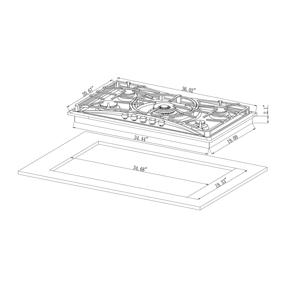 36 in. Gas Stove Cooktop with 5 Sealed Burners NG/LPG Convertible Stainless Steel T8407