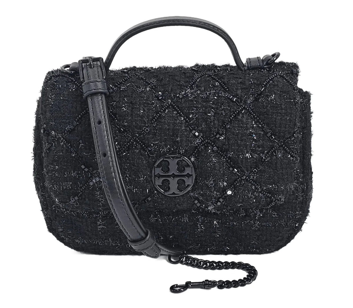 Black Beaded Tweed Mini Top Handle Crossbody Bag S8917