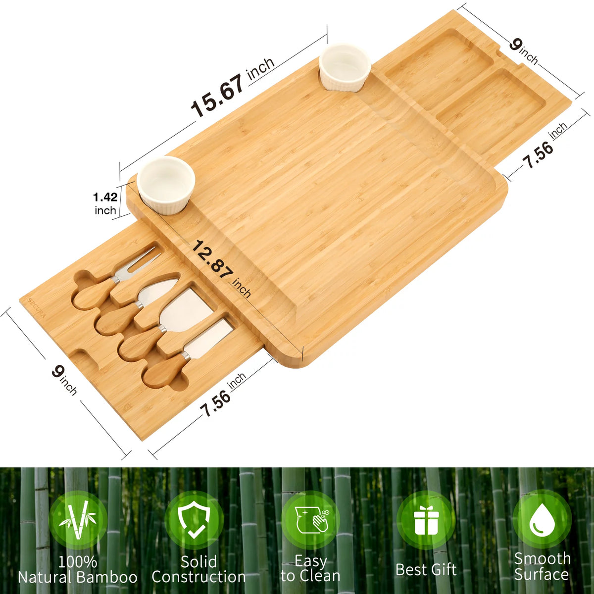 Bamboo Cheese Board Set with Knife Set and 2 Ceramic Bowls T63892