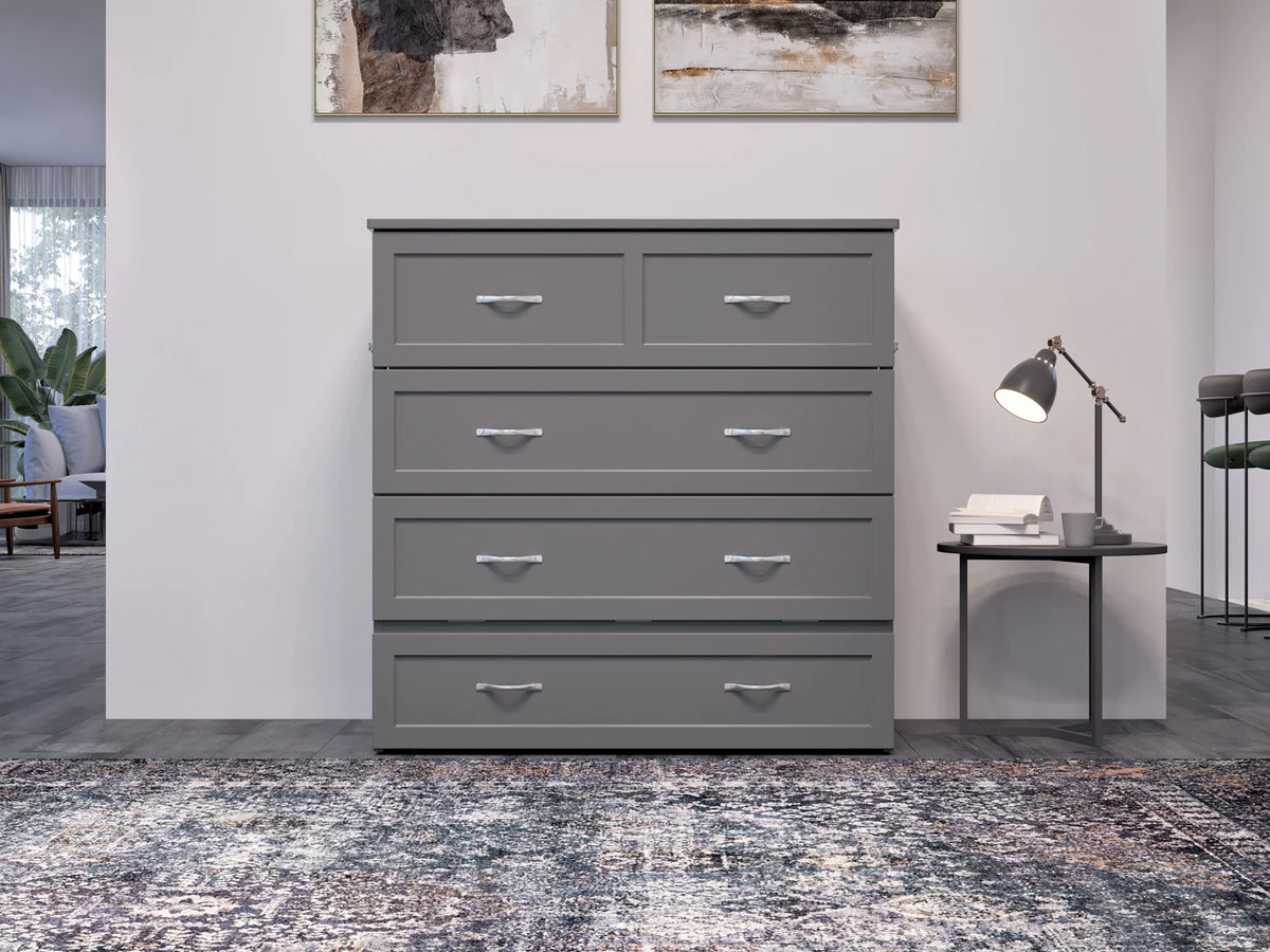 Twin XL Solid Wood Murphy Bed Chest with Mattress, Drawer & Charger, Grey I908253
