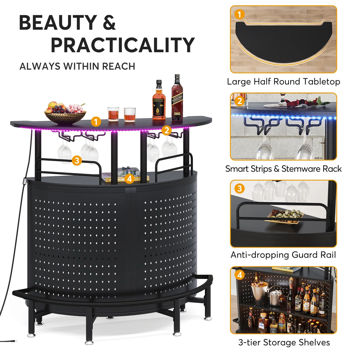 3-Tier Liquor Bar Table with Wine Glasses Holder and Storage Shelves J80750