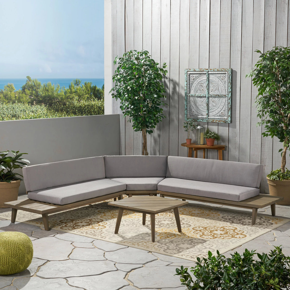 4 Piece Acacia Wood Sectional Sofa Set with Cushions, Grey D2766