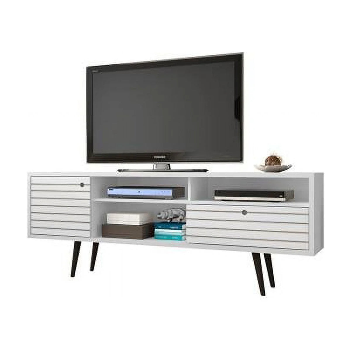 White Mid Century Modern TV Stand with 4 Shelving Spaces & 1 Drawer I286715