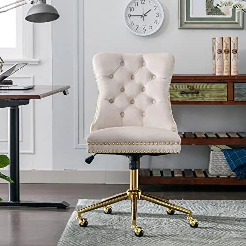 Beige Armless Adjustable Swivel Chair with Wheels T9183