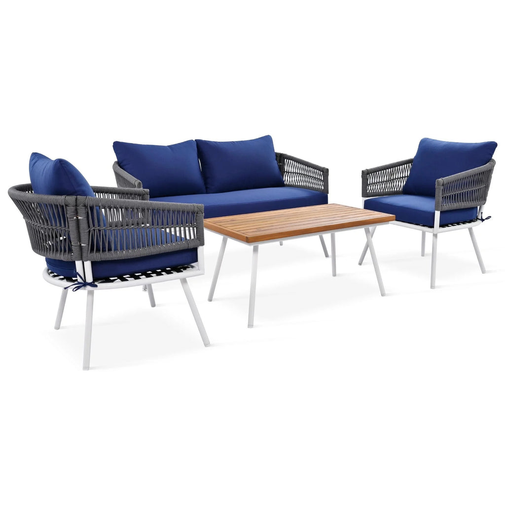 4-Piece Boho Rope Patio Furniture Set with Wood Table J22452