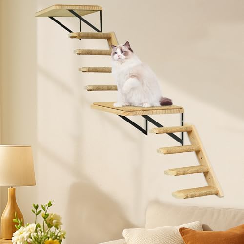 Cat Wall Climbing Shelf, 2 pcs 4 Step Wall-Mounted Ladder with Sisal Scratching Rope Z19535