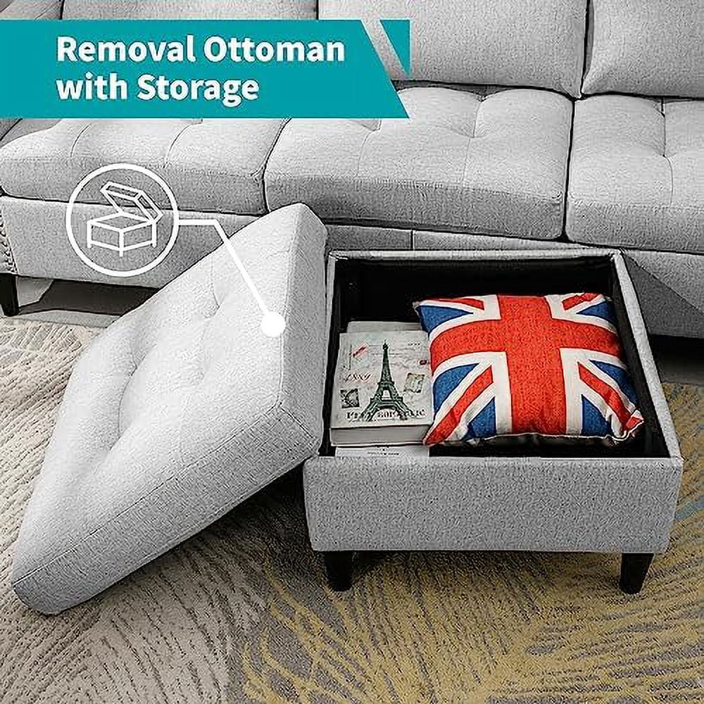 Reversible 3 Seat L Shaped Sectional Sofa Bed with Ottoman Chaise Beige J7674