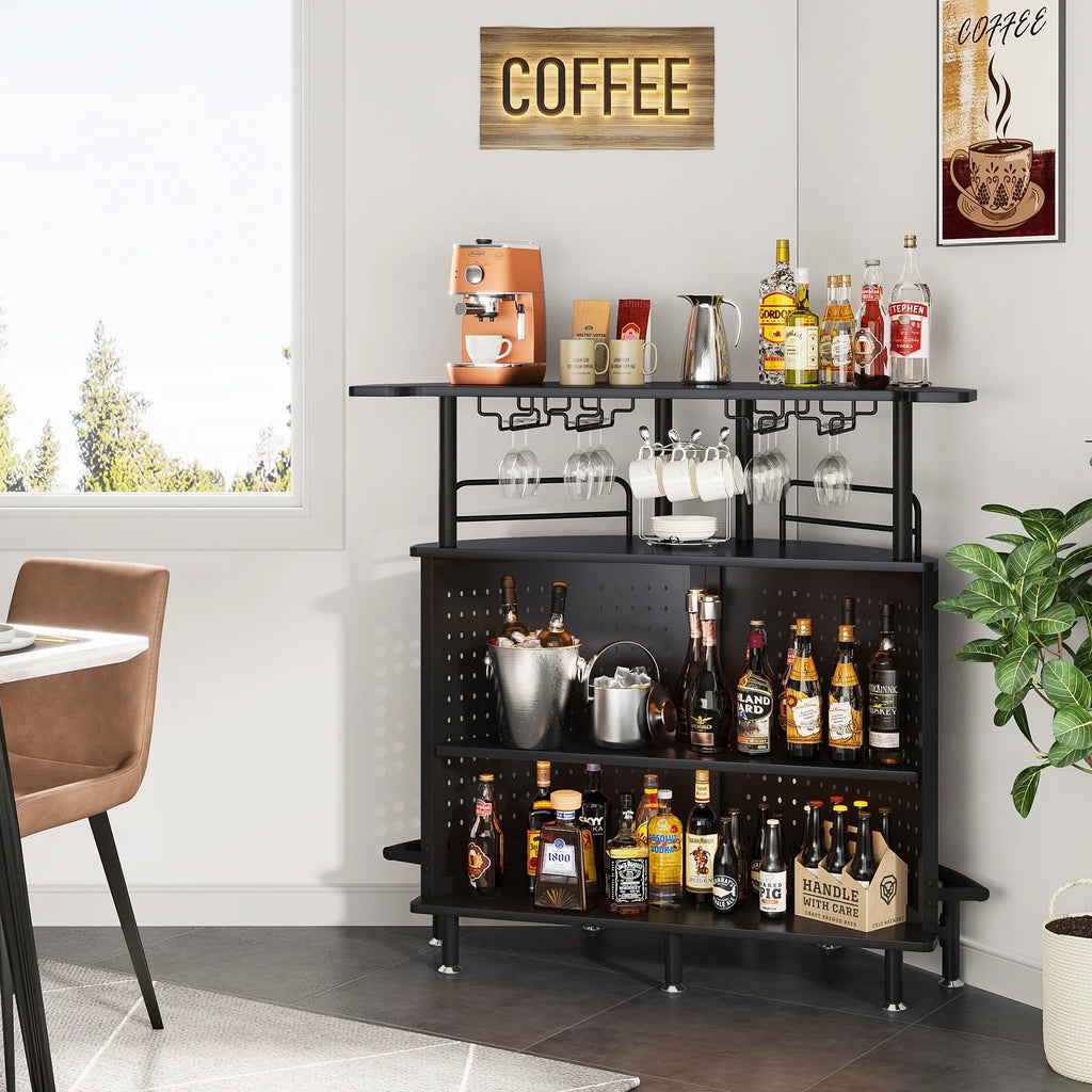 3-Tier Liquor Bar Table with Wine Glasses Holder and Storage Shelves J80750