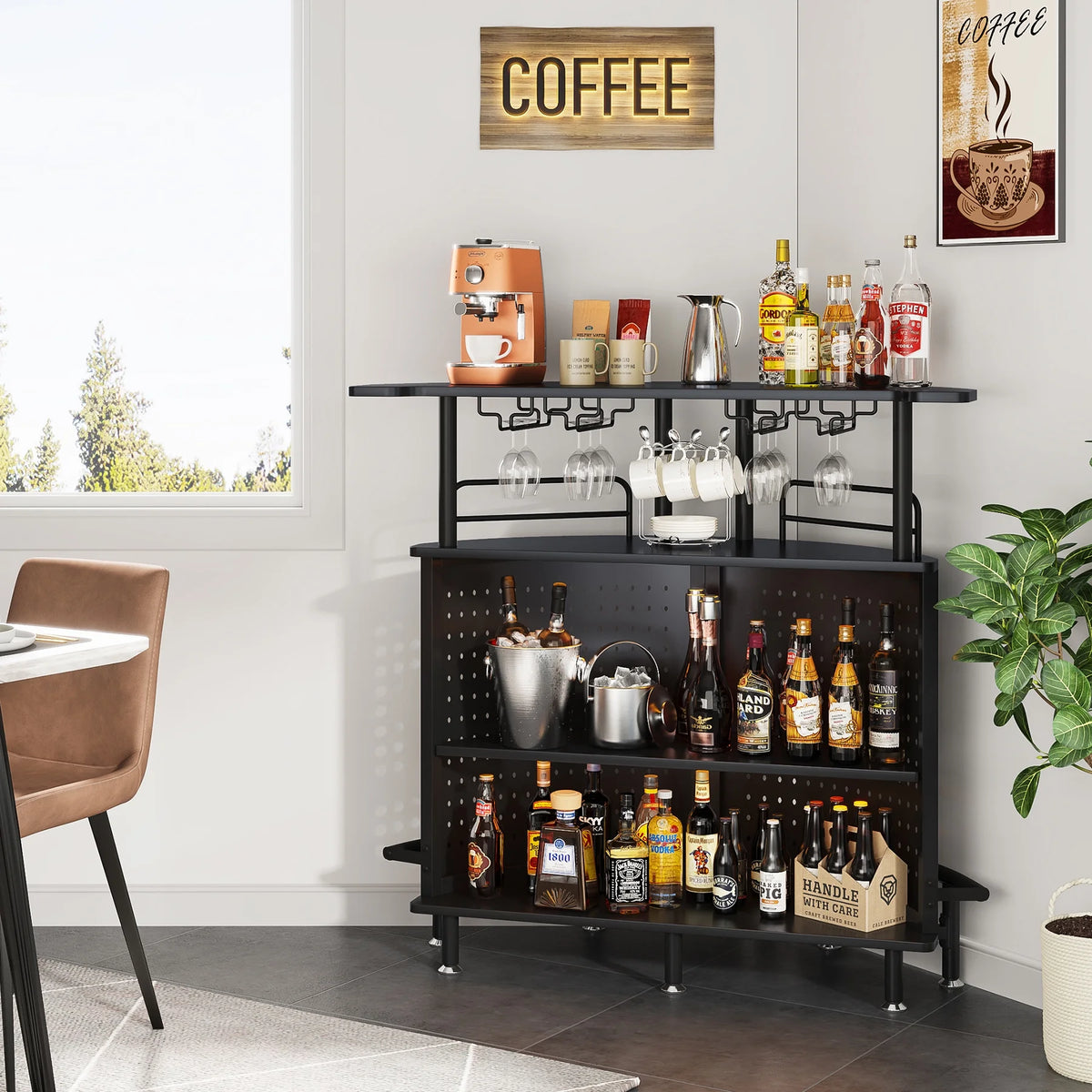 3-Tier Liquor Bar Table with Wine Glasses Holder and Storage Shelves J80750