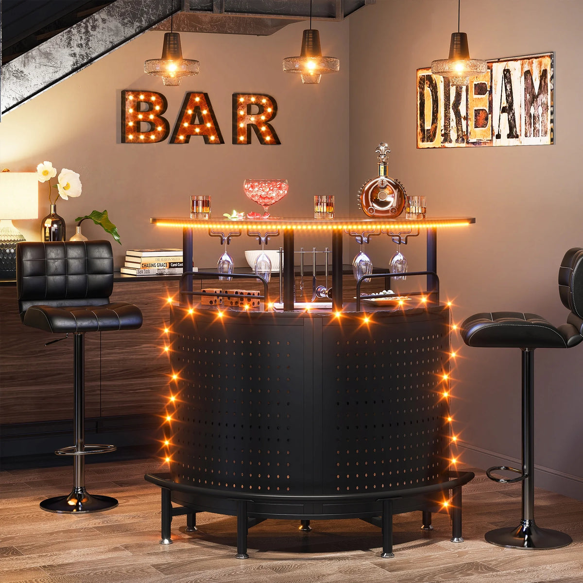 3-Tier Liquor Bar Table with Wine Glasses Holder and Storage Shelves J80750