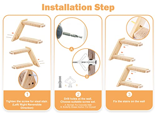 Cat Wall Climbing Shelf, 2 pcs 4 Step Wall-Mounted Ladder with Sisal Scratching Rope Z19535