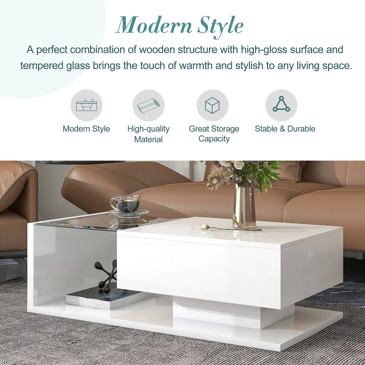 Modern White Coffee Table with Tempered Glass F20577
